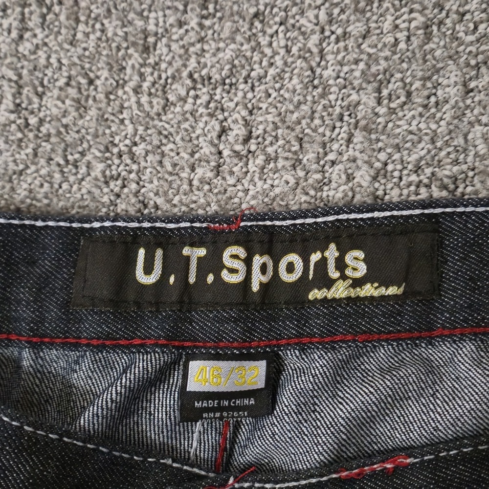 Vintage Skater Wide Leg Jeans 46x32 UT Sports Dark Wash Baggy Embroidered Y2K - Picture 6 of 9